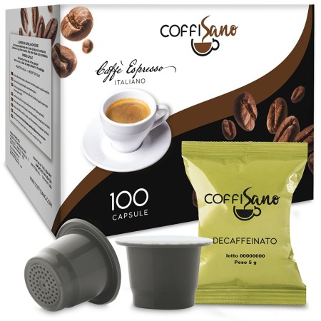 100 Capsule di Caffè compatibili con Nespresso, Coffisano Decaffeinato, Espresso Italiano Deca Dolce e Cremoso miscela Dek