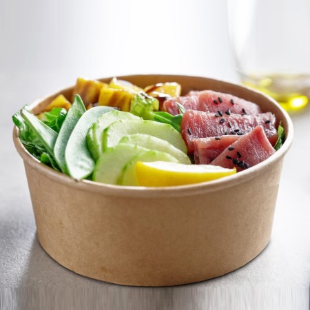 50 Ciotole di Carta con Coperchio, Vaschette Bowl Poke Monouso in Cartone Team Bio diam 14,8 cm