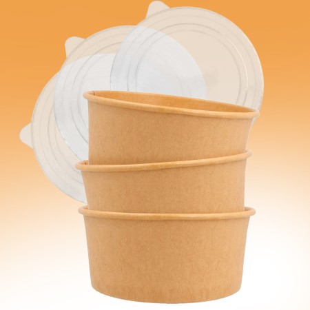 50 Ciotole di Carta con Coperchio, Vaschette Bowl Poke Monouso in Cartone Team Bio diam 14,8 cm